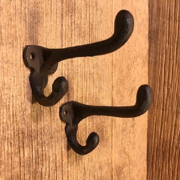 Two (2) Cast Iron Rustic Brown 2 3/4" tall Double Wall Hooks Two (2) 0170-01202 - Picture 1 of 15
